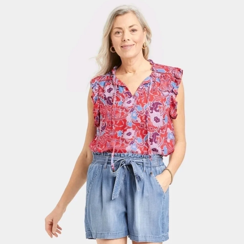 WOMEN'S Flutter Short Sleeve Red Floral Top Blouse Knox Rose - Picture 1 of 8